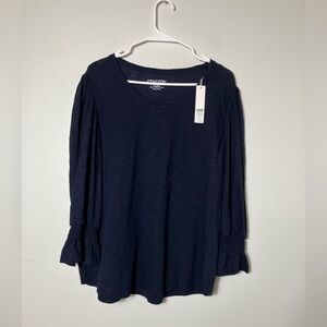 Chico’s Cotton Slub Smocked 3/4 Sleeve Classic Navy Tee Sz XL Closet Staple NEW!